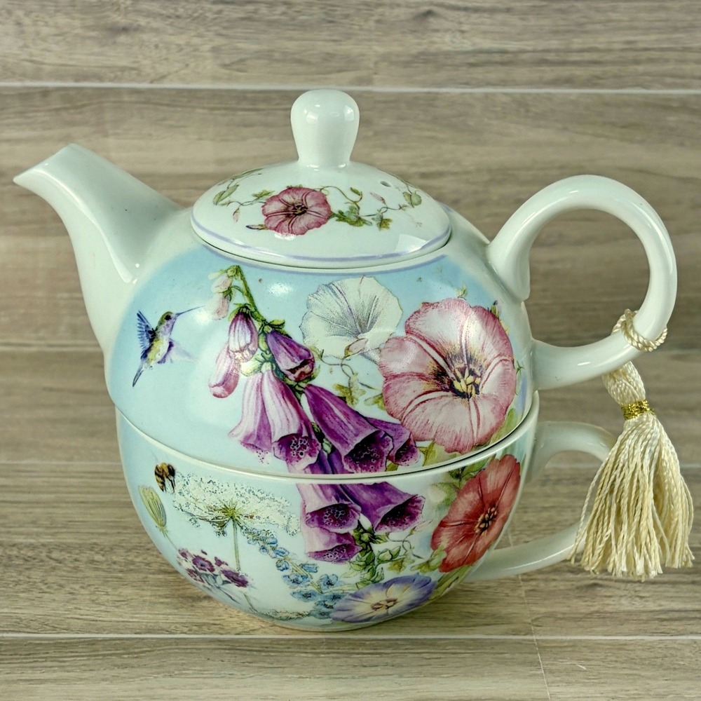 Delton Products Floral Hummingbird Tea For One Stacked Porcelain Teapot and Cup